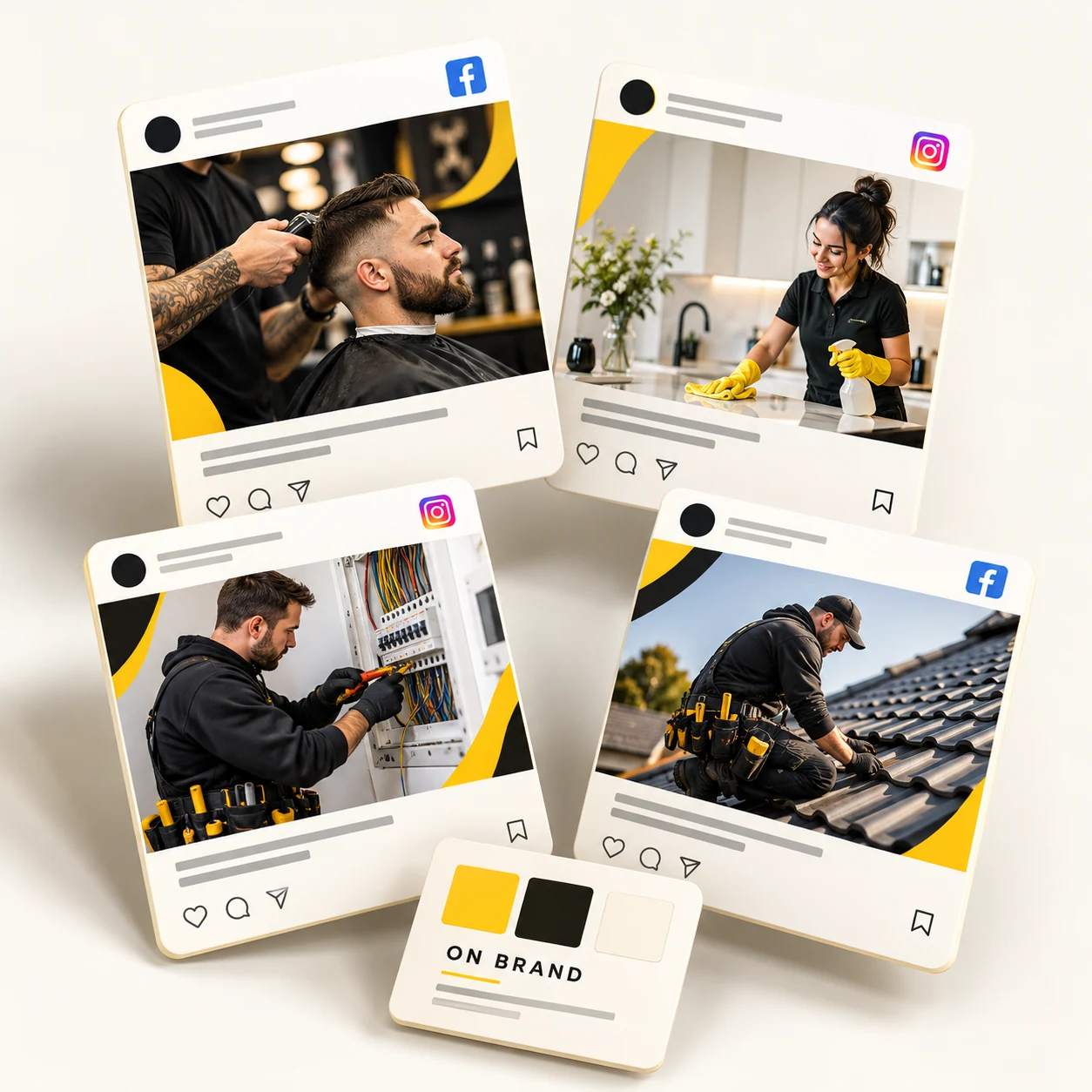 Illustrative branded social posts for a barber, cleaner, electrician and roofer