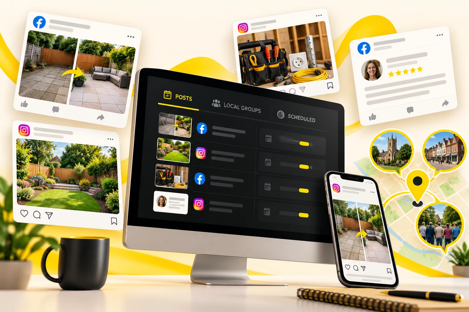 Illustration of branded social posts, content scheduling and local promotion