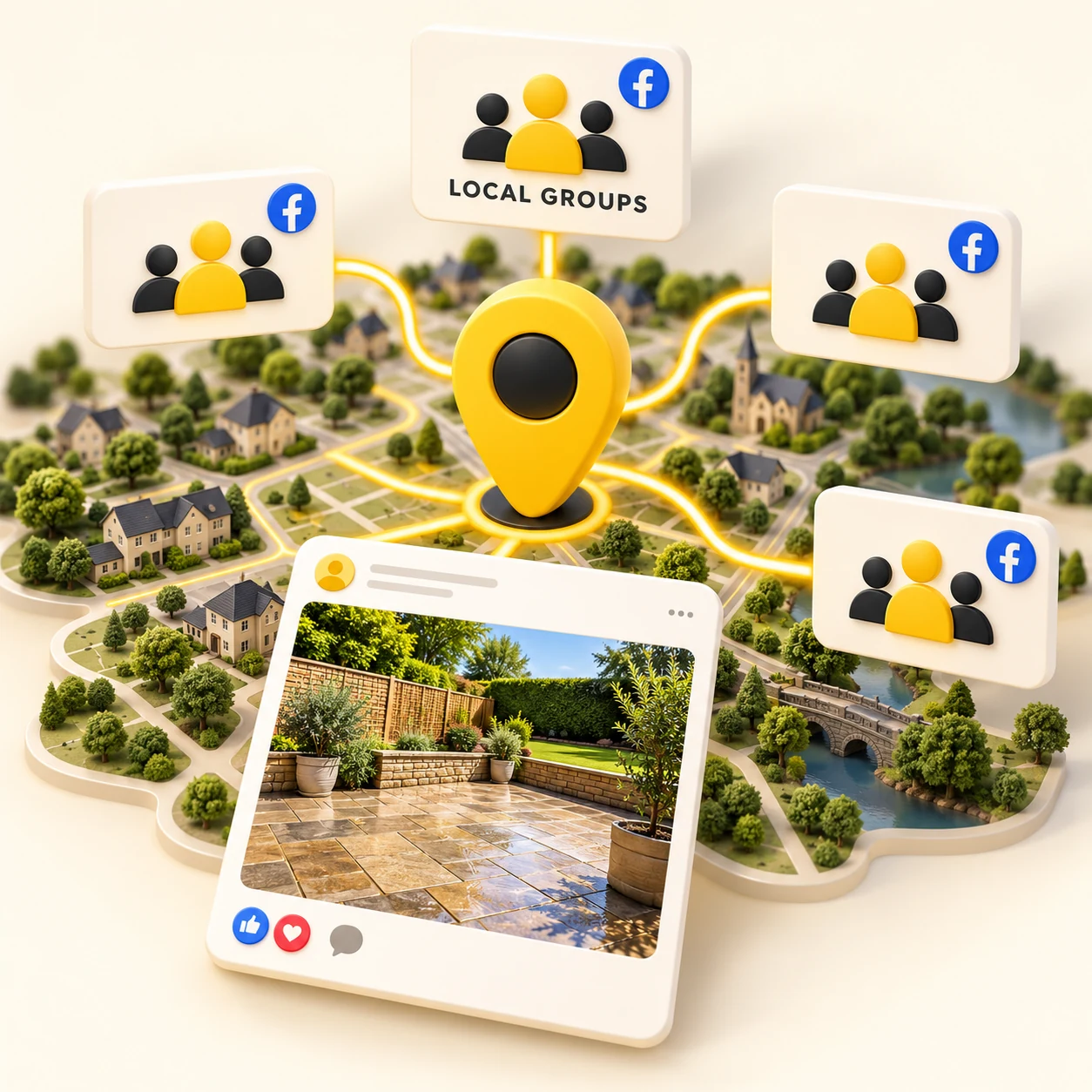 Illustration of a local business post reaching nearby Facebook communities