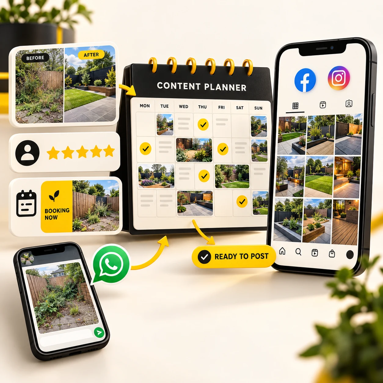Illustration of job photos becoming planned Facebook and Instagram posts